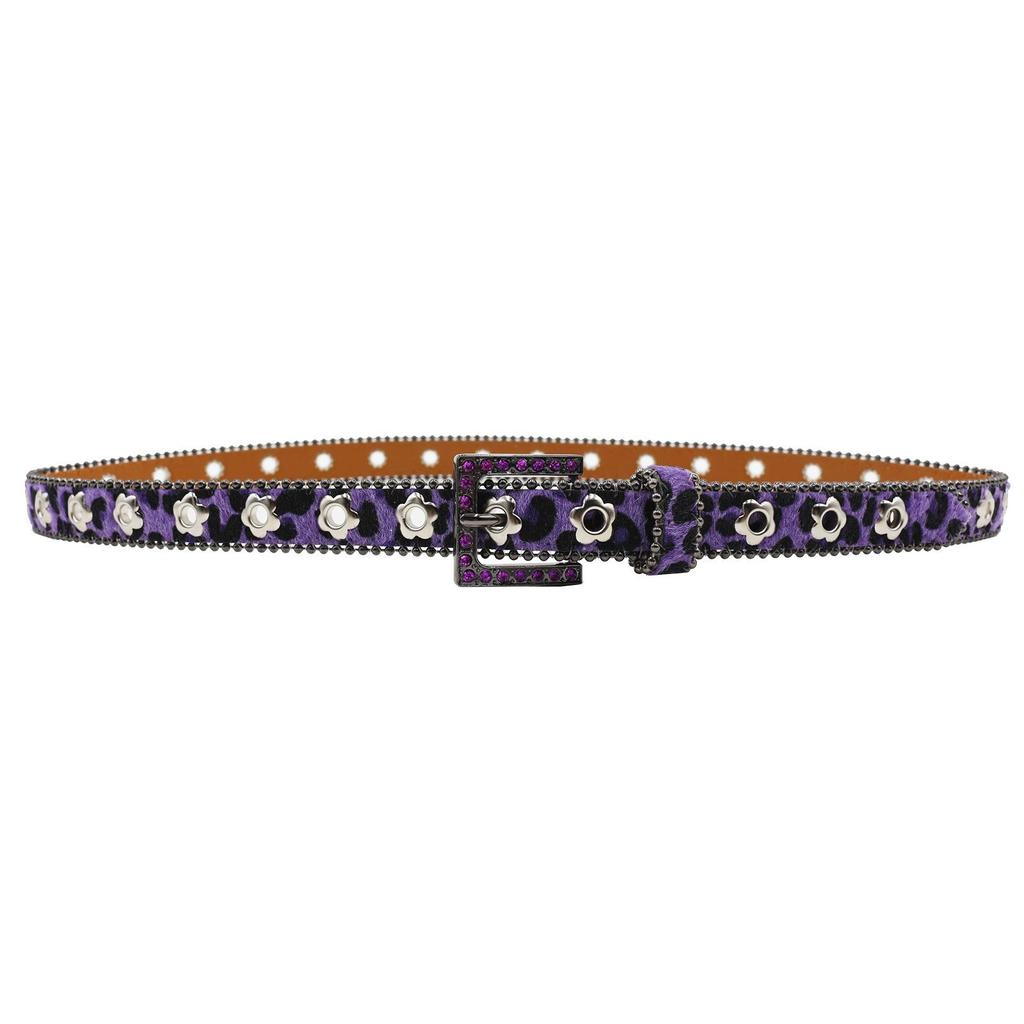 Luxury 2.3cm Leopard Print Leather Belt with Floral Eyelets & Rhinestones, No Punching Needed, Pin Buckle, Fully Diamond-Encrusted.