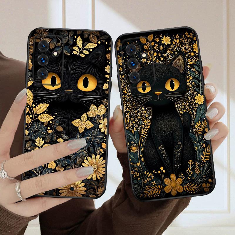 Flower Cat Black For Samsung S20FE S 21 22 23 FE 24 Plus 25 Ultra Galaxy M23 32 34 35 52 53 54 55 5G silicone soft phone case