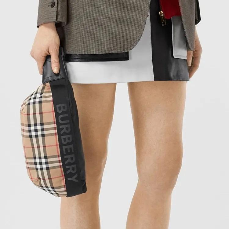 Burberry Checked Monogram Print Calfskin and Polyamide Shoulder Crossbody Waist Bag Medium Size Unisex Beige