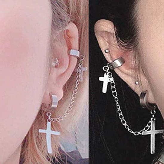 Ohrklemme Silber Kreuz Anhänger Kette Doppelohrringe Ohrringe Edelstahl Fake Helix CF154 ohne Piercing