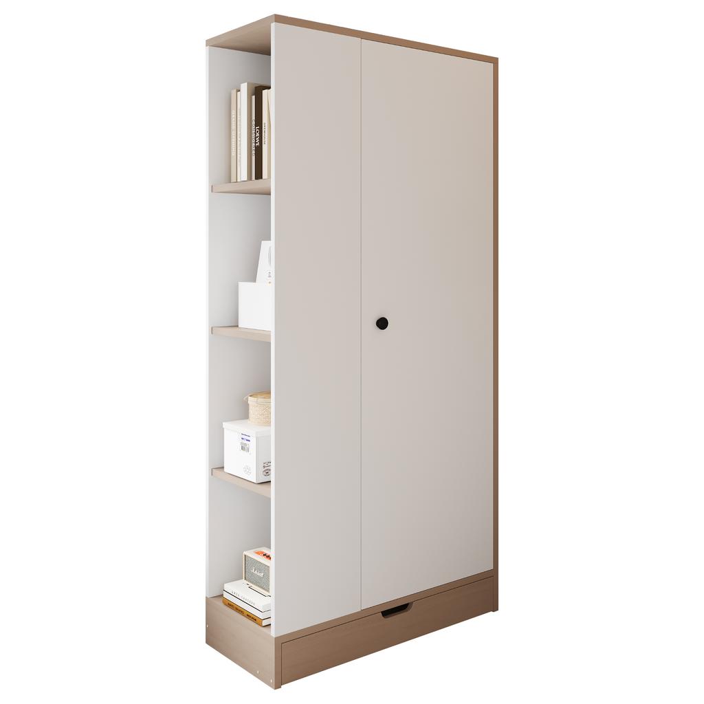 Wardrobe 70*40*170cm, Single-Door Design, with Shelves and Drawers, Natural Wood Color + White (Old SKU: LDB00308AAN)