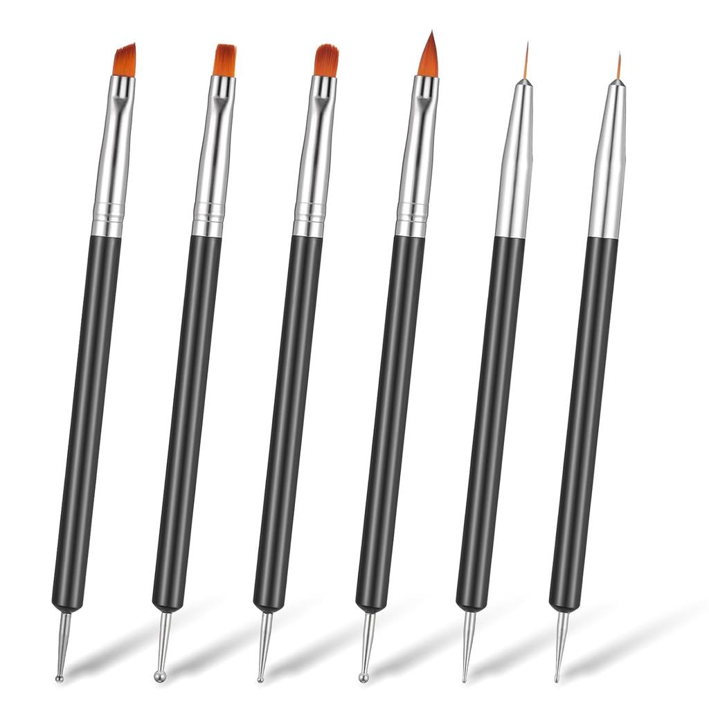 6 Pcs Double-Ended Nail Art Brush Kit, Art Nail Dotting Tools with Fine Brush Head Design Nails Liner Builders Gel Brushes Nails Dotting Pen for Gel