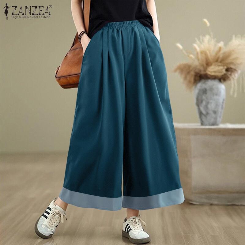 ZANZEA Women Casual Elastic Waist Loose Wide Leg Cropped Pants