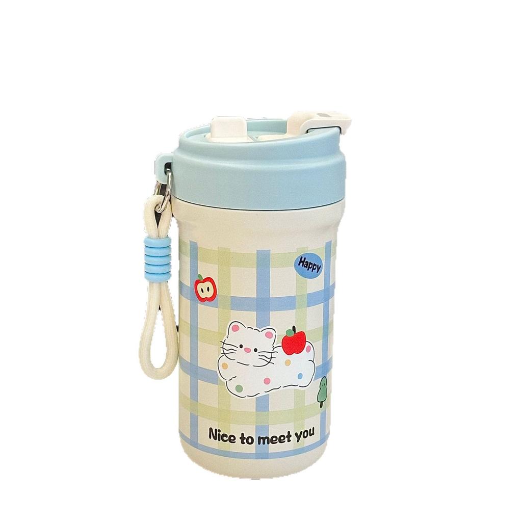 Tecknad söt kaffetermosmugg 316 rostfritt stål medföljande dubbel drickhalmsmugg utomhus bärbar vattenkopp med stor kapacitet