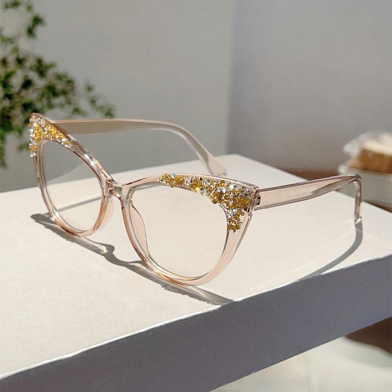 KAMMPT Fashion Cat Eye Multi Color Frame Women's Trendy Crystal Shiny Glasses Non-prescription Original Brand Design Eyewear