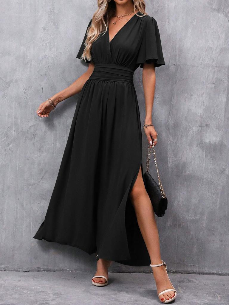Abito Midi Bodycon da Donna Scollo a V Manica Corta Spacco Alto Multicolore Abito Elegante