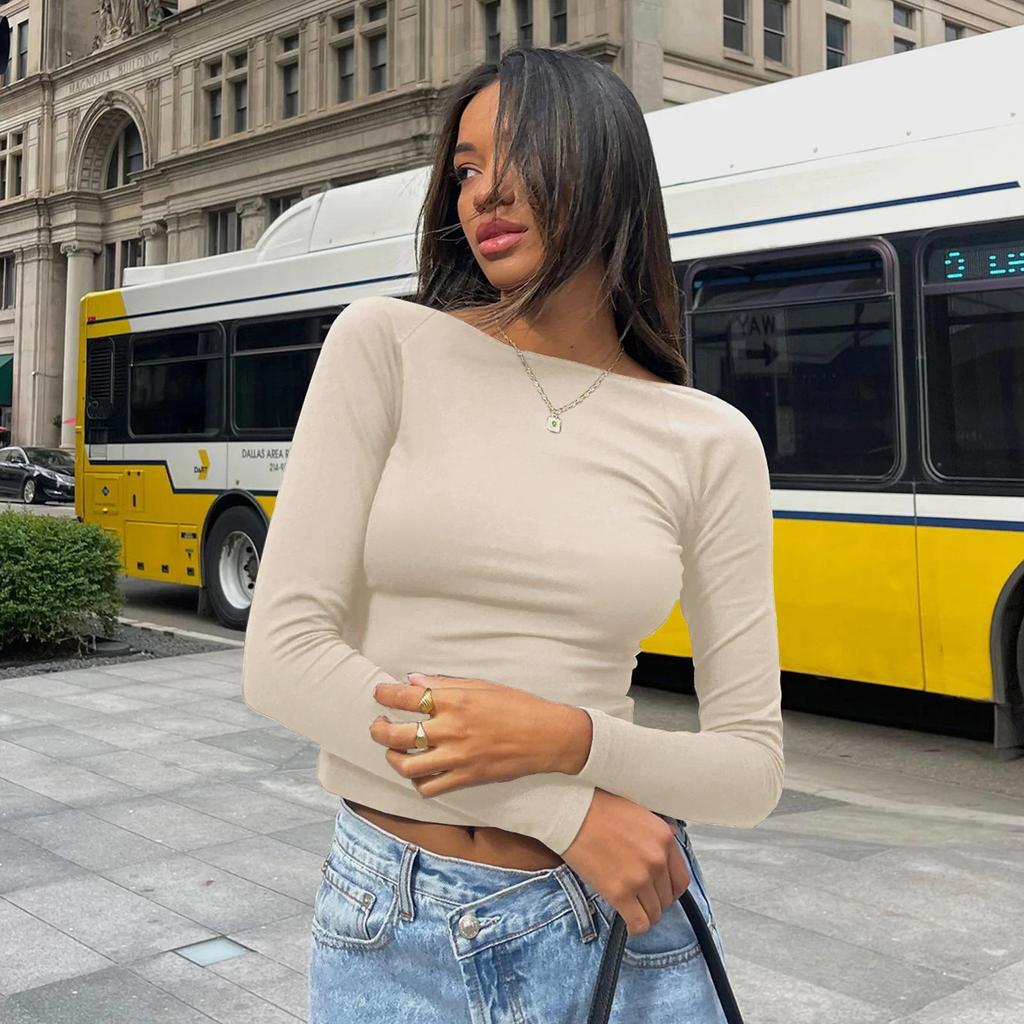 Streetwear Oneck Slim Outfits Women Long Sleeve Backless Tshirts Cropped Tops Solid Color
