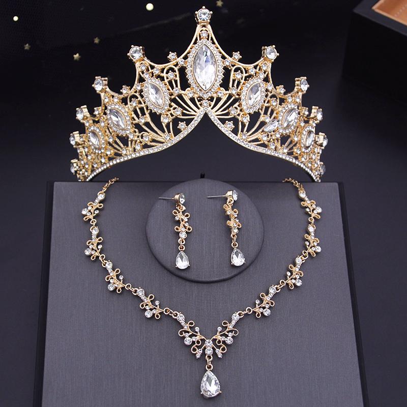 Luxury Diadem Wedding Crown Sets Rhinestone Crystal Tiaras Bride Headwear Crown Necklace Bridal Jewelry Sets Accessory