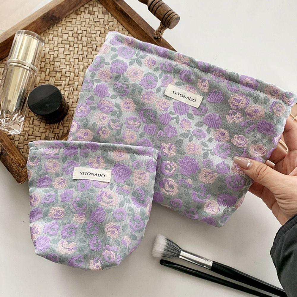 Polyester Canvas Flower Clutch Bag Flower Pattern Zipper Closure Cosmetic Storage Pouch Large Capacity Portable Makeup Bag