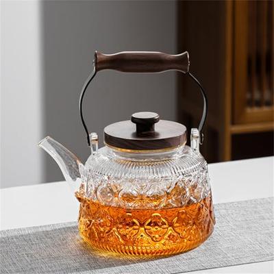 IwaiLoft "Betia Flower" Heat-Resistant Glass Teapot with Strainer, 1000ml, Handmade with Wooden Handle, Jumping Design, Perfect for Fruit Tea, Flower