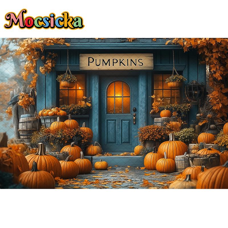 Mocsicka Fall Storefront Kids Girl Photography Child Baby Photocall Birthday Cake Smash Props Halloween Pumpkin Background Cotton-150x100cm