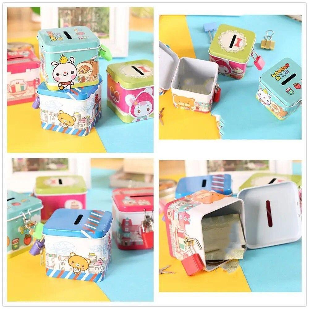 With Lock Square Change Jar Cartoon Metal Jewelry Box Creative Cartoon Piggy Bank  Home Decor