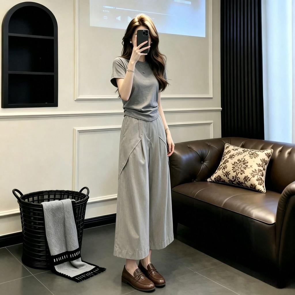 Korean Minimalist Suit Women's Summer New Slim-fitting and Thin Short-sleeved T-shirt Pleated Wide-leg Pants Two-piece Set