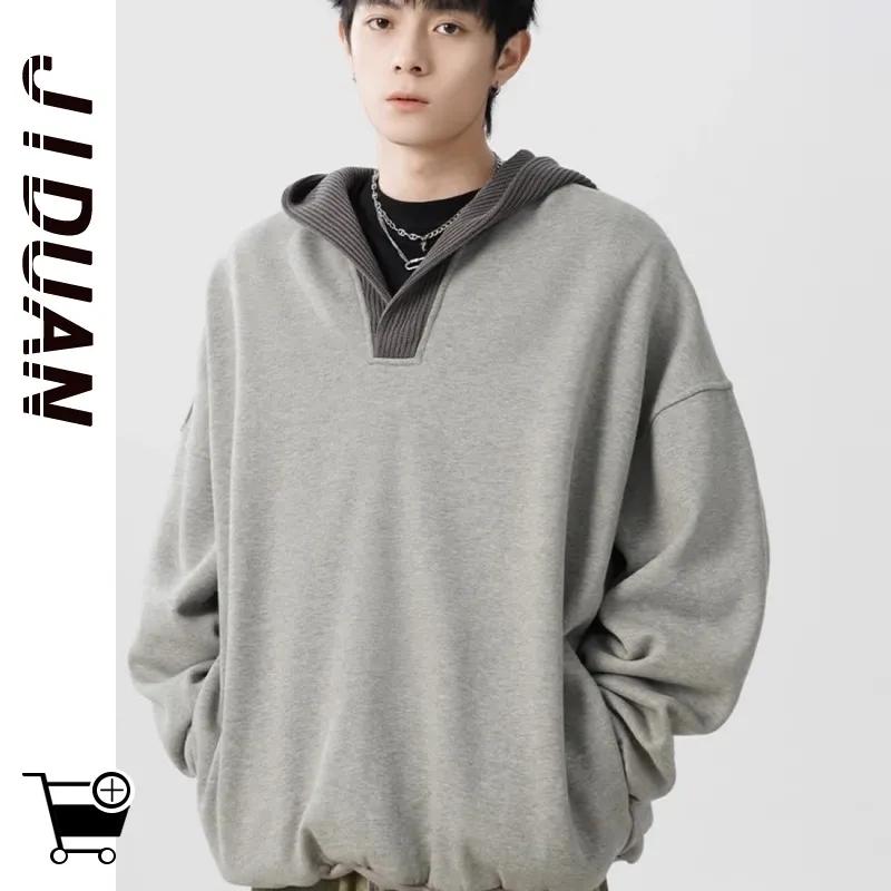 

V-neck Sweatshirt Men s Autumn Winter Knitted Hoodie Wool Splicing Niche M серый