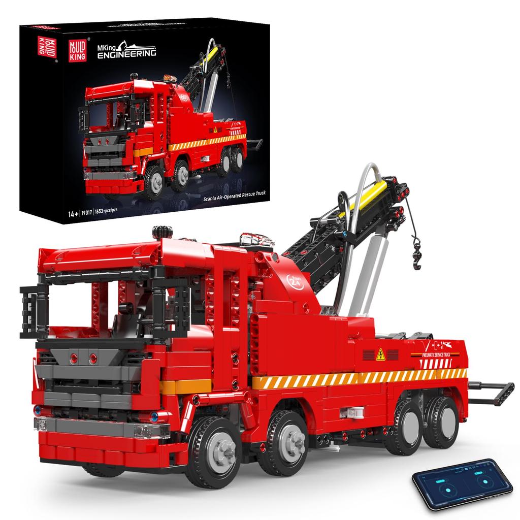 Mould King 19017 Rescue Tow Truck Building Blocks, 1653 Pieces, with Pneumatic Crane, App & Remote Control, Construction Vehicle Model, Ages 8+,