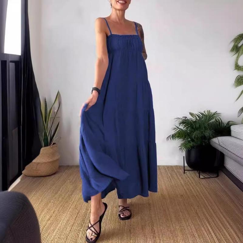 Spring Summer Solid Color Casual Chest Wrapped Pleated Suspender Dress for Women