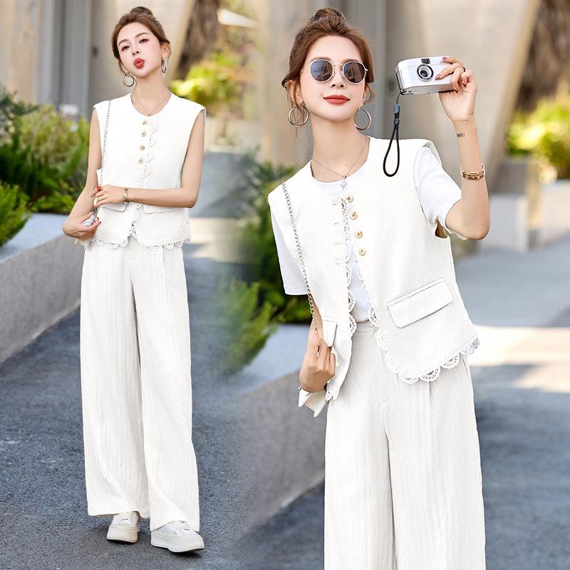 Summer 2025 Women's Age-Defying Three-Piece Set: Stylish Vest, Base Shirt, Wide-Leg Pants - RX9228