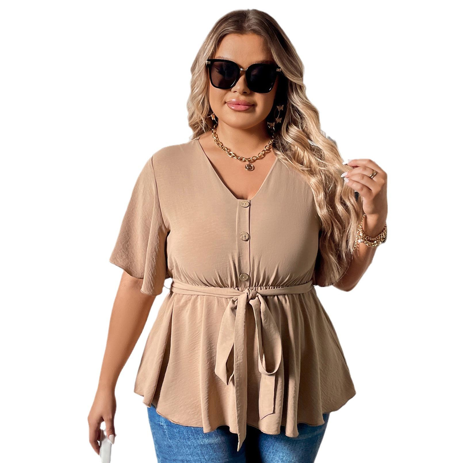 

Летняя женская футболка с v-образным вырезом, тонкие повседневные топы с короткими рукавами большого размера XXXXL абрикосовый