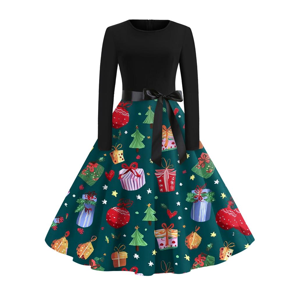 Damen Modisches Und Elegantes Herbst- Und Winter Langarm Rundhals Weihnachtsdruck Kleid