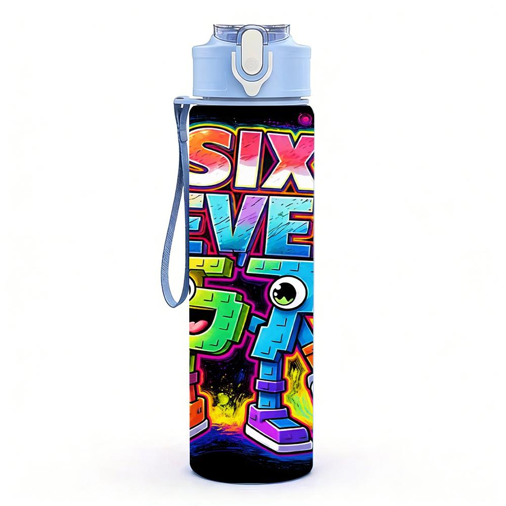 1 Stück Rainbow Six Seven Helle Graffiti-Schrift 750ml Farbige Kunststoff-Wasserflasche Auslaufsicherer Klappdeckel mit Strohhalm für Sport, Büro, Zuhause Pack of 1 blau