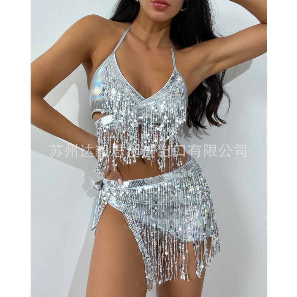 Electronic Music Section Split Swimwear Three-piece Set Glitter Cloth Sexy Fringed Bikini