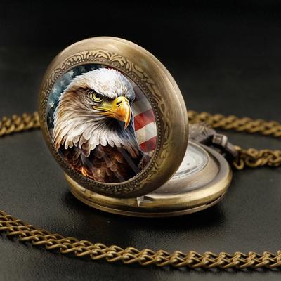 Vintage Antique Gold Bronze Eagle Pendant Quartz Pocket Watch with World-Time Function Great Collectible Clock for Men Kids