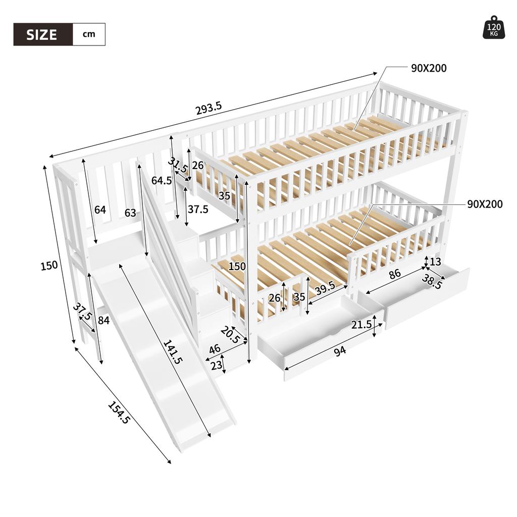 Children's bunk bed, with slide and stairs, with 2 drawers, with magnetic door, without mattress, solid wood, white, 90*200(OLD SKU:322135678AAW-1)