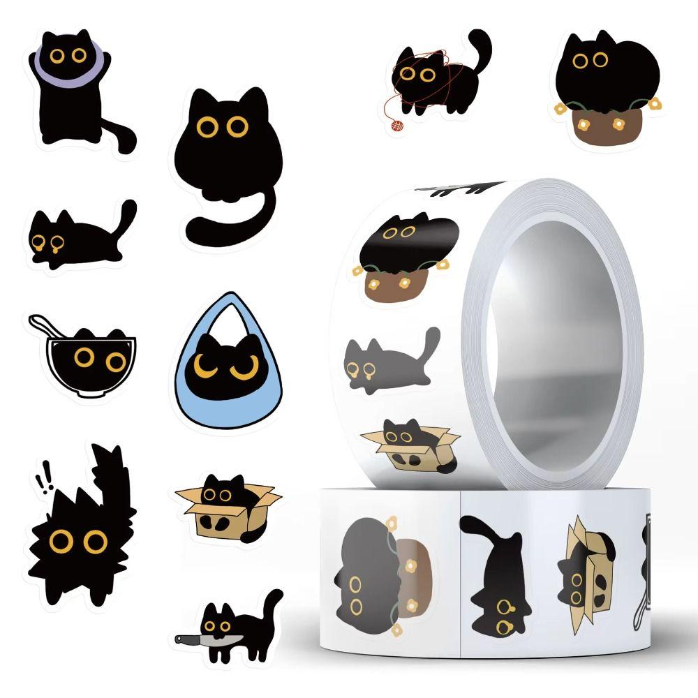 500Pcs/Roll Self-adhesive Cat Stickers Cartoon Graffiti Stickers Black Cat Stickers  Stationery