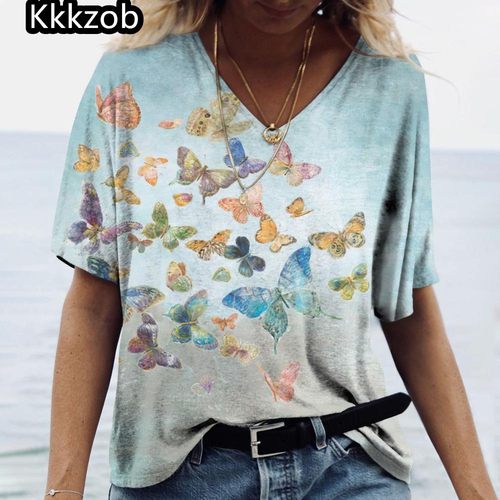 2025 Summer Women's T-Shirt Vintage Butterfly Printcasual Fashion V Neck Pullover Short Sleeve Loose Daily Tops Design Clothing