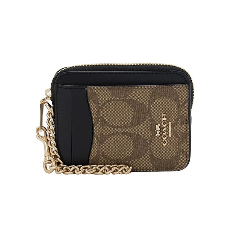 COACH Card Case Logo printed color matching canvas and leather clutch bag coin purse women s khaki black чёрный