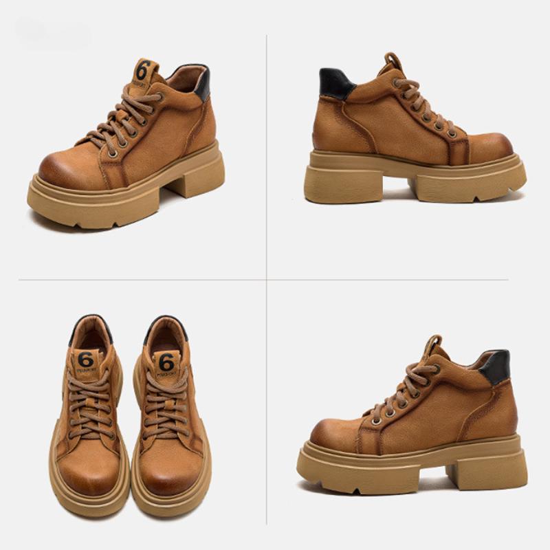 Johnature Retro Genuine Leather Lace-up Short Boots Round Toe Thick Sole Casual Versatile Women's Shoes