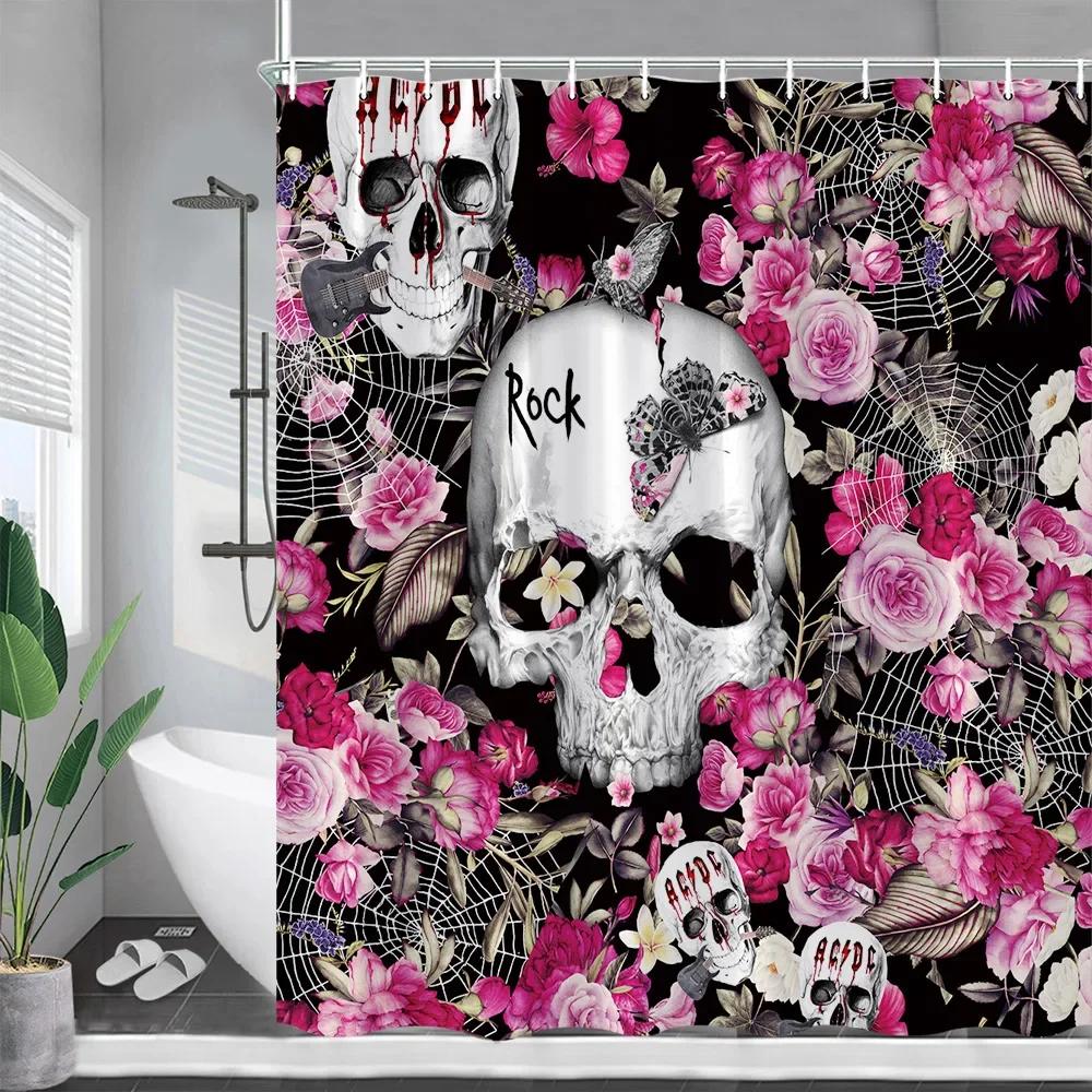 

Floral Skull Shower Curtains Pink Flowers Skeleton Watercolour Art Funny Halloween Bath Curtain Fabric Bathroom Decor with Hooks 90x180cm-35x70in