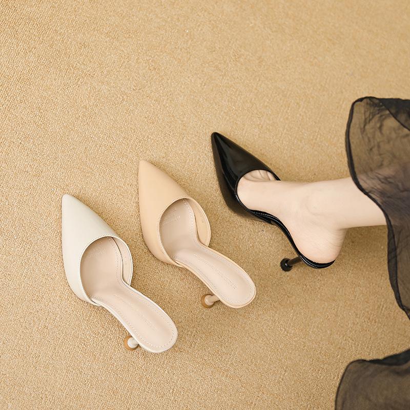 Spring and Autumn thin heels pointed temperament versatile slippers high heels leather surface simple daily lazy shoes women's shoes