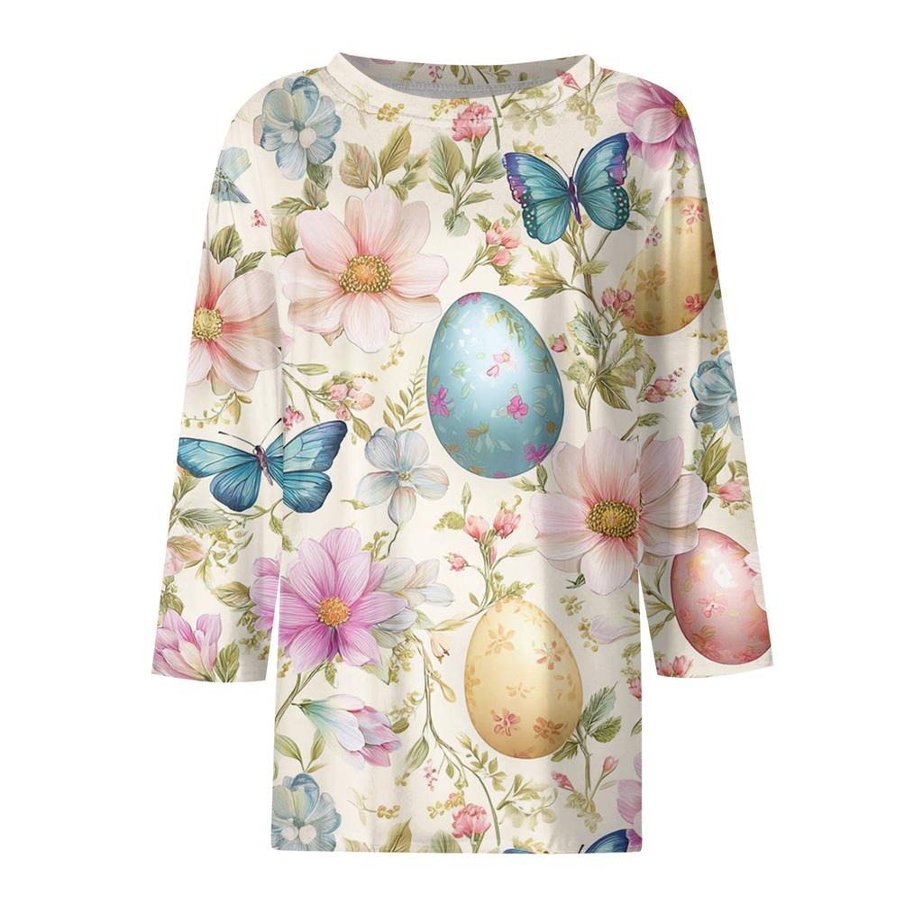 Women's Fashion Casual Sleeve Easter Elements Print Round Neck Top
