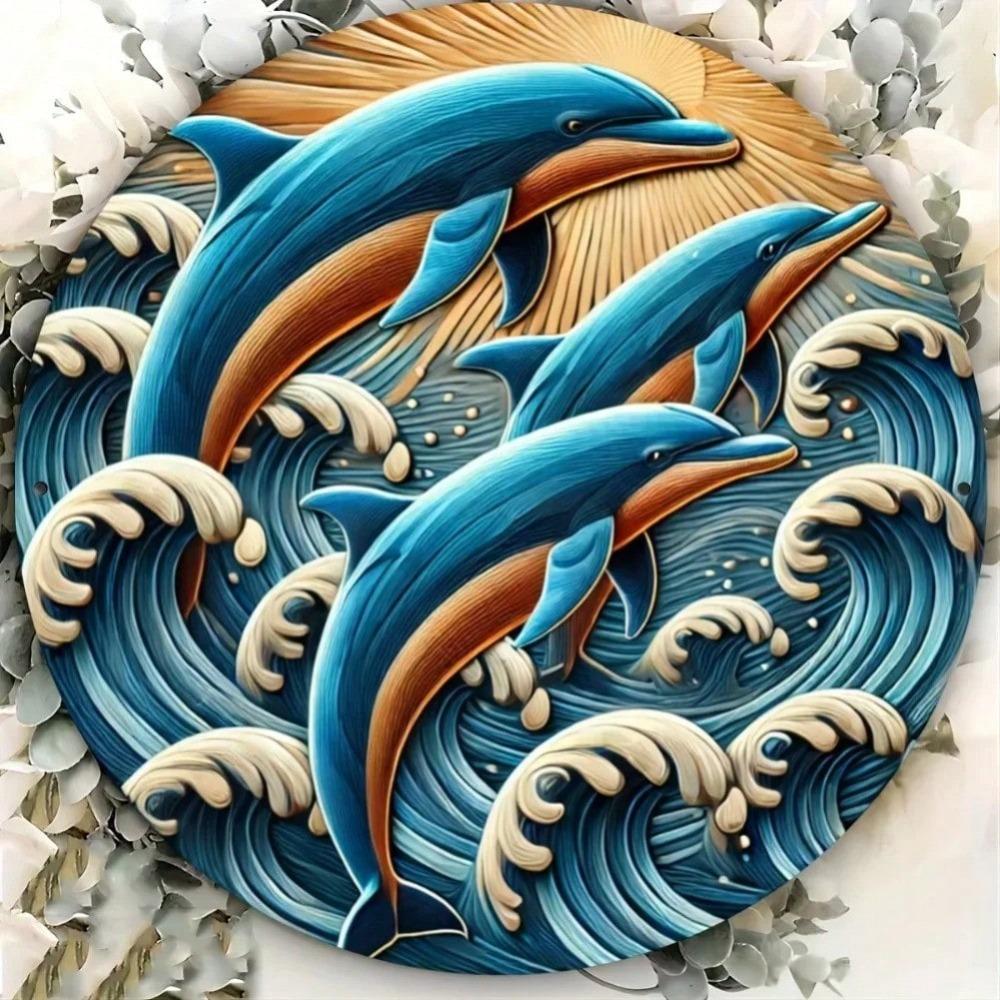Metal Art Dolphin Wall Decor Ocean Waves Home Gift Spring Modern 2D Coastal Living Room Bedroom Patio Dorm