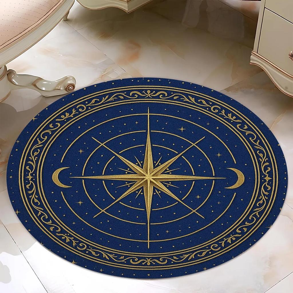Zodiac Rug Gold Sun, Navy Star Chart, Cosmic Rug Living Room Decor Sofa Round Rug Bedroom Rug Lounge Coffee Table Floor Mat