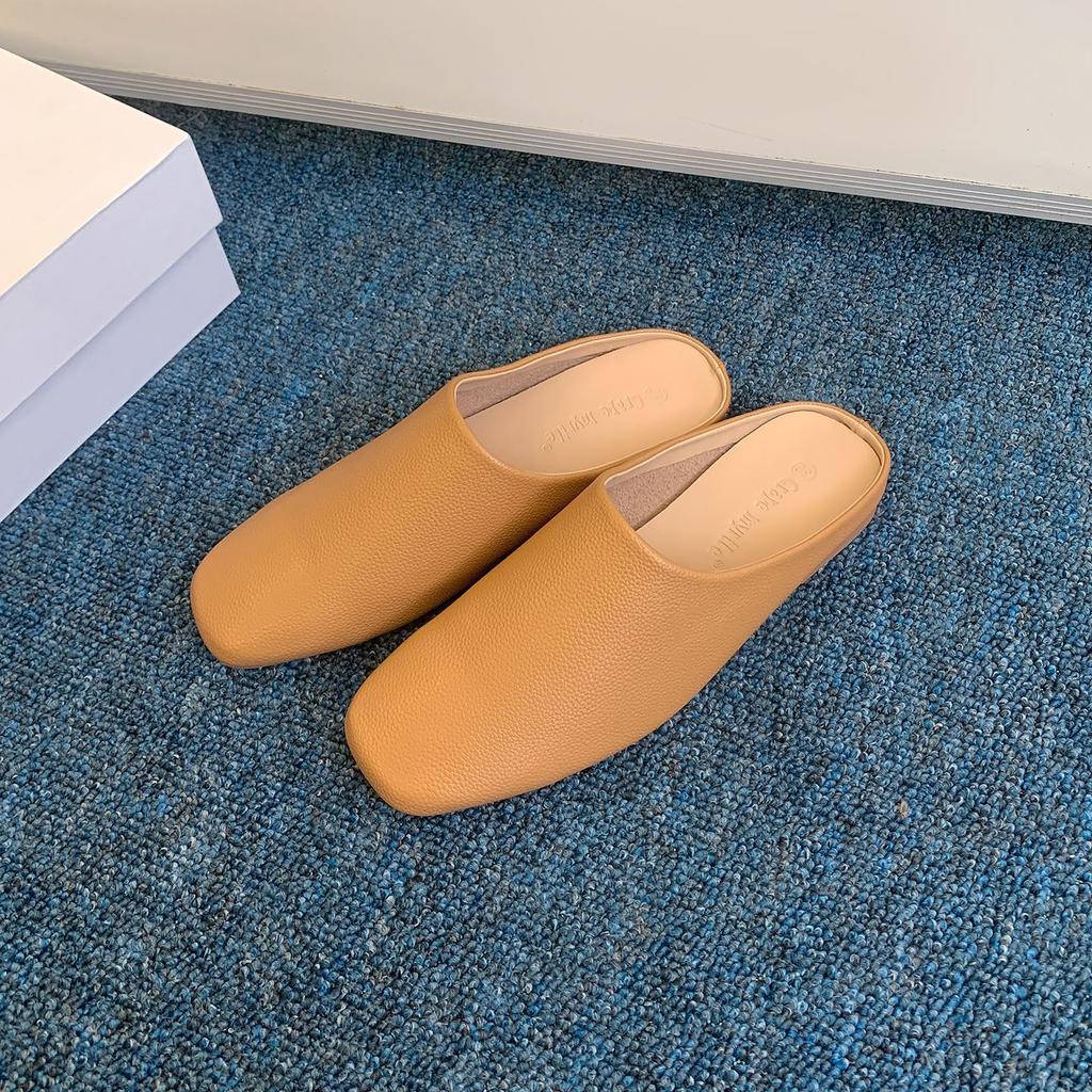 Soft To Fried~ Fashion Soft Leather Li Pattern Soft Leather Square Head One Pedal Flat Shoes Muller Row Slippers Women's Half Drag