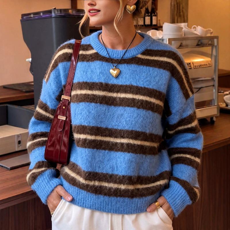 Damen S Locker Geschnitten Gestreift Rundhals Langarm Strickpullover Pullover