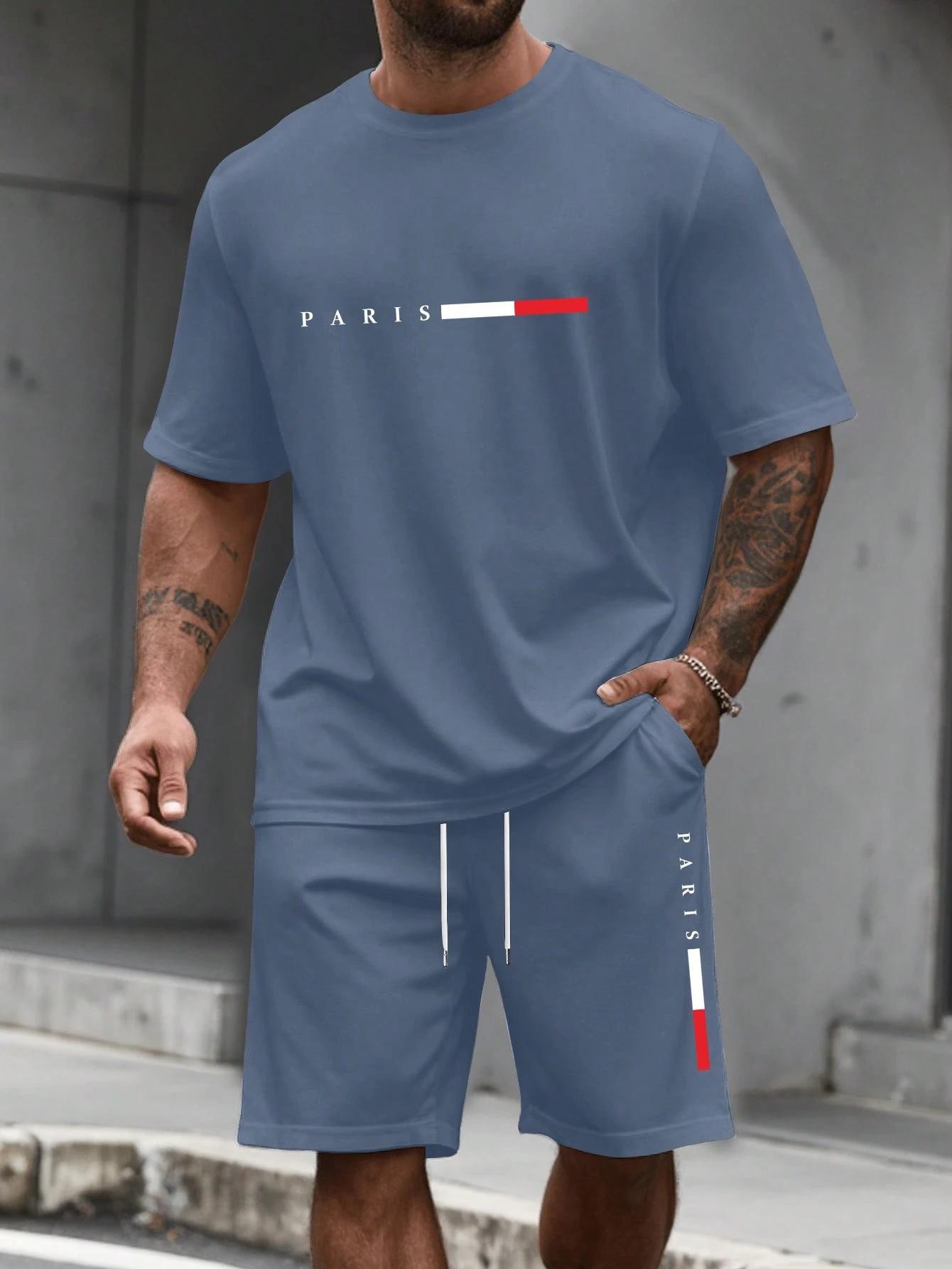 Herren-Zweiteiler mit Buchstabenprint für Frühling und Sommer, lässiges Kurzarm-T-Shirt und Shorts, Sport-Outfit 6XL gray