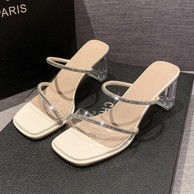 Transparent high-heeled slippers women's 2025 summer outer wear new fashion square crystal thick-heeled cool slippers
