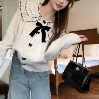 Bow Lazy Wind Autumn and Winter Knitted Cardigan Top Loose Outer Wear Trendy Doll Collar Short Sweater Women