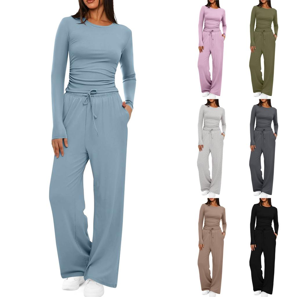 Women's Fall Two Piece  Outfits Long Sleeve Tops Tee Shirts Wide Leg Pants Sets