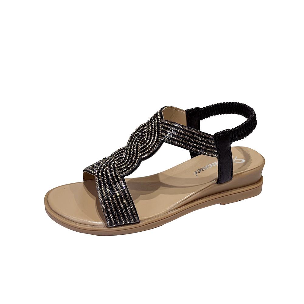 Fashion Soft Sole Anti-Slide Heel Sandals Women's Fashion Round Toe Open Toe Rhinestone Slip Flats
