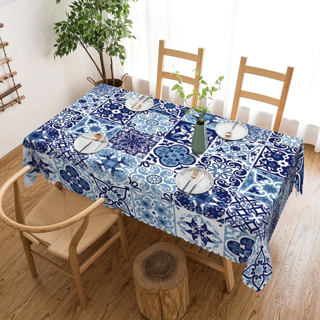 Blue Tile Patchwork Rectangle Tablecloth for Table Decor Elegant Bohemian Style Kitchen Dining Table Cloth Holiday Party Decor