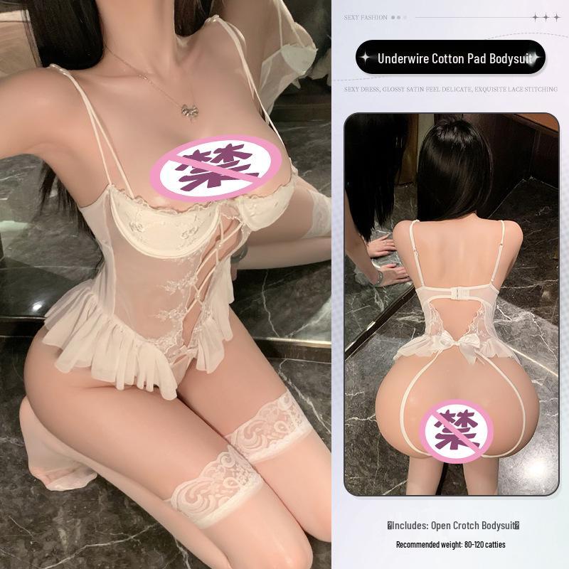 Man Yan New Year Battle Robe: Sexy See-Through Lace Spaghetti Strap Bodysuit with Open Crotch (9112)