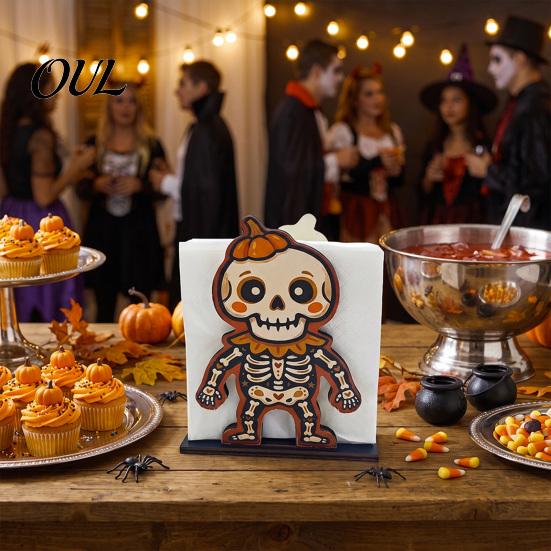 Ghost Napkin Stand Halloween Wood Holder, Pumpkin Black Cat Gnome Dispenser, Funny Holder Spooky Standing Tissue for Holiday Kitchen Dining Room Decor
