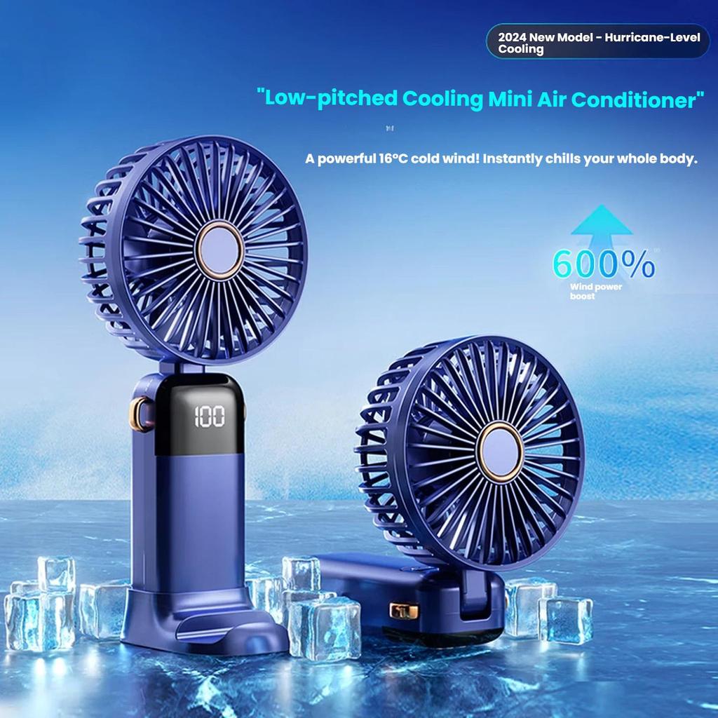Handheld Mini Fan Portable USB Fan Foldable Desktop Neck-Hanging Outdoor Large Capacity Small Fan with Smart Digital Display Deep Sea Blue