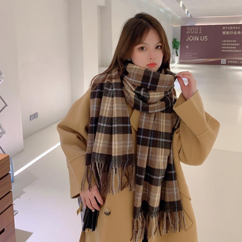 Plaid scarf women's winter Korean version of the new versatile British tassel thickened imitation cashmere warm student scarf