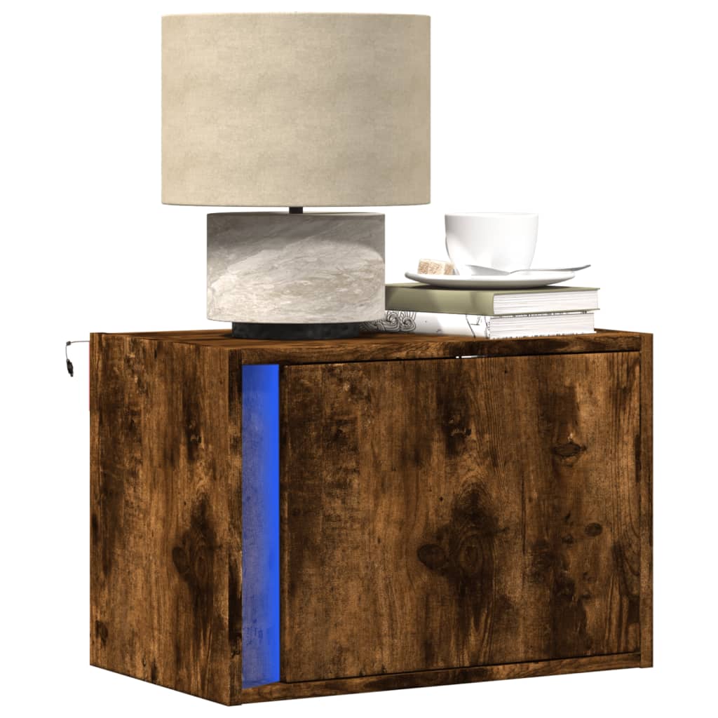 Wall Mounted Nightstand with LED Lights Smoked Oak