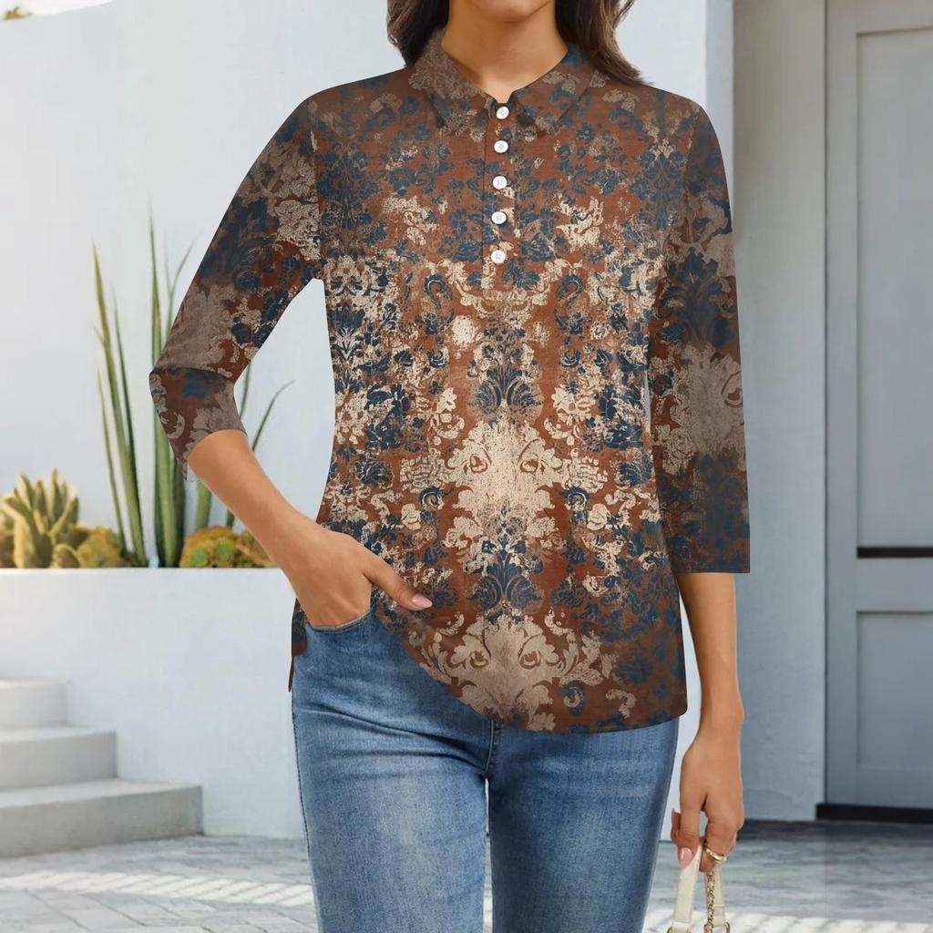 Women's Fashion Casual Lapel Short 3/4 Sleeve Print Shirt Women's Button Up Tops